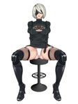  black_dress blindfold boots cleavage_cutout covered_nipples dress full_body highres leotard leotard_under_clothes mole mole_under_mouth nier_(series) nier_automata short_hair simple_background solo thigh_boots thighhighs thighs toni upskirt white_background white_hair white_leotard yorha_no._2_type_b 