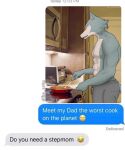 anthro beastars butt canid canine canis clothed clothing cooking cookware diko_artz emoji eyes_closed frying_pan hi_res kitchen_utensils legoshi_(beastars) male mammal muscular muscular_male solo spatula sweatpants text_message tools topless wolf