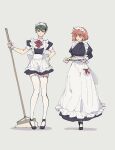  2girls apron black_dress black_footwear bow breasts buttons cake cake_slice dress emiya_shirou fate/stay_night fate_(series) food frilled_dress frills garter_straps genderswap genderswap_(mtf) getter_robo gou_saotome green_hair hanahiyo_(hoimin) highres holding holding_mop holding_tray large_breasts long_dress looking_at_another looking_down maid maid_apron maid_headdress medium_hair mop multiple_girls neck_ribbon orange_hair plate red_eyes red_ribbon ribbon shin_getter_robo short_dress short_hair simple_background small_breasts thighhighs tray waist_bow white_apron white_background white_soccer_ball white_thighhighs white_wrist_cuffs wrist_cuffs yellow_eyes 