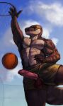 absurd_res alligator alligatorid anthro basketball clothed clothed/nude clothing crocodile crocodilian crocodylid erection genitals hi_res male morshok muscular nude penis reptile scalie solo sport torn_clothing