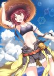 :d arm_up armpits atelier_(series) atelier_sophie belt black_shorts blush breasts brown_eyes brown_hair cleavage cloud collarbone cowboy_shot day detached_sleeves eyebrows_visible_through_hair groin hand_on_headwear hat highres lens_flare looking_at_viewer medium_breasts navel numpopo open_mouth outdoors short_hair shorts sky smile solo sophie_neuenmuller sports_bra straw_hat sunlight suspenders water 