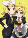  1boy 1girl arm_warmers black_dress blonde_hair blue_eyes blush bow crossdressing dot_nose dress expressionless hair_bow hand_on_another&#039;s_shoulder hand_on_own_hip headset holding holding_tray kagamine_len kagamine_rin leaning_forward looking_at_viewer maid sash satou_asuka short_hair siblings simple_background smile standing suit tray v vocaloid white_bow yellow_background 