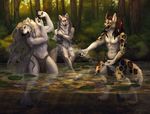  anthro black_lips black_nose blonde_hair braided_hair canine detailed_background digitigrade feline female forest fur green_eyes hair leopard long_hair male mammal open_mouth partially_submerged teeth tongue tree water white_fur wolf wolnir 