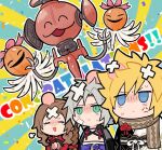  1girl 2boys aerith_gainsborough aerith_gainsborough_(rosy_battle_suit) anger_vein bandaid bandaid_on_face blonde_hair blue_eyes braid braided_ponytail brown_hair chest_strap chibi closed_eyes cloud_strife cloud_strife_(official_festive_garb) congratulations crossed_bandaids final_fantasy final_fantasy_vii final_fantasy_vii_ever_crisis frogccc333 furrowed_brow green_eyes grey_hair hair_ribbon happy_tears head_bump jack-o&#039;-lantern japanese_clothes mechanical_parts multiple_boys official_alternate_costume open_mouth own_hands_together parted_bangs red_ribbon red_sleeves ribbon sephiroth sephiroth_(celebratory_garb) short_hair sidelocks single_braid slit_pupils spiked_hair sweatdrop tears upper_body 