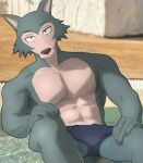 abs anthro beastars bulge canid canine canis clothing diko_artz hi_res hot_tub legoshi_(beastars) looking_at_viewer male mammal muscular muscular_male pecs solo swimwear water wolf