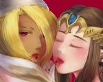  blonde_hair cherry crossover dark_skin food fruit hair_over_one_eye long_hair multiple_girls pointy_ears princess_zelda red_eyes shared_food sheik sudakoyarou the_legend_of_zelda the_legend_of_zelda:_ocarina_of_time the_legend_of_zelda:_twilight_princess yuri 