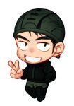  1boy :d aikawa_(dorohedoro) backwards_hat black_hair chibi dorohedoro full_body hand_in_pocket hat looking_at_viewer mt-pppp smile solo standing thick_eyebrows transparent_background v 