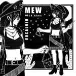  1girl alternate_costume alternate_hairstyle animal arm_tattoo armband belt black_background boots border breasts cactus cat character_name cleavage copyright_name crescent_moon ear_piercing english_commentary from_side highres hiomaika holding holding_instrument instrument jacket jewelry looking_to_the_side low_ponytail medium_breasts mew_(vocaloid) monochrome moon navel necklace piercing portuguese_text sidelocks skirt solo star_(sky) sunglasses tattoo triangle_(instrument) vocaloid white_border 