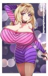  1girl arm_over_head bare_shoulders bleached_hair blonde_hair breasts choker cleavage commission dadadanoda dress huge_breasts microphone pandora_peaks pantyhose real_life skeb_commission tight_clothes tight_dress twitter_username v-shaped_eyebrows 