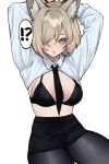  !? 1girl absurdres animal_ear_fluff animal_ears arms_up between_breasts black_bra black_necktie black_pantyhose black_skirt blonde_hair blue_archive blue_eyes blush bound bound_wrists bra breasts clothes_lift collared_shirt commentary dog_ears dress_shirt english_commentary extra_ears hair_over_one_eye highres kanna_(blue_archive) large_breasts long_sleeves looking_at_viewer medium_hair miclipse miniskirt necktie necktie_between_breasts one_eye_covered pantyhose parted_lips pencil_skirt red_rope rope shirt shirt_lift simple_background sitting skirt solo teeth thighs underwear white_background white_shirt 