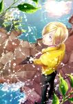  1boy back beard black_pants blonde_hair blue_eyes curly_eyebrows facial_hair from_above hair_over_one_eye holding holding_umbrella leaf looking_to_the_side male_focus marutter2 one_piece pants puddle sanji_(one_piece) shirt solo umbrella yellow_shirt 