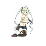  &gt;_&lt; aqua_hair blush bow breasts closed_eyes covering covering_breasts embarrassed full_body girls_frontline gun hair_bow holster large_breasts long_hair micro_uzi micro_uzi_(girls_frontline) official_art shirt shoes shorts sky_(freedom) sneakers solo spaghetti_strap submachine_gun thighhighs torn_clothes torn_legwear torn_shirt torn_shorts transparent_background twintails very_long_hair wavy_mouth weapon 
