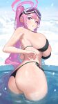  1girl ass bare_arms bare_shoulders bikini black_bikini blue_archive blue_sky breasts commentary_request day eimi_(blue_archive) highres large_breasts long_hair looking_at_viewer nhaliz parted_lips pink_eyes pink_hair ponytail sky solo swimsuit very_long_hair wading water 