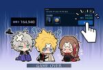  &gt;_&lt; 1girl 2boys ? aerith_gainsborough aerith_gainsborough_(rosy_battle_suit) all_fours black_bodysuit blonde_hair blue_background blue_pants bodysuit braid braided_ponytail brown_hair chibi cloud_strife cloud_strife_(official_festive_garb) crossed_bandaids earrings final_fantasy final_fantasy_vii final_fantasy_vii_ever_crisis fingerless_gloves frogccc333 furrowed_brow game_over gameplay_mechanics gloves grey_hair hair_ribbon hands_on_own_head injury japanese_clothes jewelry long_hair messy_hair multiple_boys official_alternate_costume open_mouth pants parted_bangs red_ribbon red_sleeves ribbon saliva_drip sephiroth sephiroth_(celebratory_garb) short_hair sidelocks single_earring sitting spiked_hair sweatdrop tears wide-eyed 