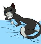 anthro bed blue_eyes domestic_cat dreamworks felid feline felis female furniture happy kitty_softpaws long_tail looking_at_viewer mammal nude pose prick_ears puss_in_boots_(dreamworks) signature simina-cindy smile solo tail tuxedo_cat