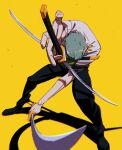  1boy alaylays bandana_around_arm black_pants earrings english_commentary full_body green_hair haramaki highres holding holding_sword holding_weapon jewelry male_focus one_piece pants roronoa_zoro short_hair solo sword weapon yellow_background 