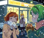  3girls bag brown_gloves character_request closed_eyes convenience_store drinking eating gloves green_eyes green_hair green_headwear green_jacket happy jacket monaka_(siromona) multiple_girls open_clothes open_jacket open_mouth orange_hair original outdoors plastic_bag red_hair red_headwear red_scarf scarf shop short_hair snow snowing white_scarf winter winter_clothes yellow_headwear yellow_jacket 