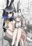  2girls animal_ear_fluff animal_ears arknights bar_(place) black_hair blue_eyes blue_hair blush bow bowtie breasts chalice cup detached_collar fake_animal_ears fishnet_pantyhose fishnets gradient_hair grey_hair highres holding holding_cup kjera_(arknights) medium_breasts meme_attire multicolored_hair multiple_girls navel pantyhose playboy_bunny pramanix_(arknights) rabbit_ears reverse_bunnysuit reverse_outfit sitting stool whate=3r wrist_cuffs 