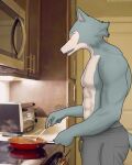 anthro beastars butt canid canine canis clothed clothing cooking cookware diko_artz eyes_closed frying_pan hi_res kitchen_utensils legoshi_(beastars) male mammal muscular muscular_male solo spatula sweatpants tools topless wolf