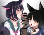  1boy 2girls animal_ears black_choker black_eyes black_hair blue_archive cat_ears cat_girl choker colored_inner_hair dark-skinned_male dark_skin fellatio highres huge_penis kazusa_(blue_archive) kikyou_(blue_archive) licking licking_penis multicolored_hair multiple_girls nail_polish neckerchief open_mouth oral penis pink_hair pink_neckerchief precum red_eyes saliva school_uniform serafuku short_hair tongue tongue_out two-tone_hair yahagi_takahiko 