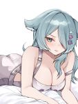  1girl absurdres aqua_eyes blue_hair blue_wings blush breasts cleavage elira_pendora hair_over_one_eye head_wings highres large_breasts long_hair miclipse nijisanji nijisanji_en overalls pout simple_background solo virtual_youtuber white_background wings 