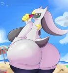 anthro arceus big_breasts big_butt blush bodily_fluids breasts butt clothing cloud detailed_background erection female fingers food generation_4_pokemon genitals ghost_drawings green_eyes huge_breasts huge_butt legendary_pokemon looking_at_viewer multicolored_body nintendo nipples nude open_mouth overweight overweight_anthro overweight_female pokemon pokemon_(species) popsicle pussy seaside sky slightly_chubby slightly_chubby_female solo sun surprised_expression swimwear tail thick_thighs two_tone_body umbrella water wide_hips
