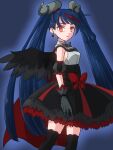  1girl black_dress black_thighhighs black_wings blue_eyes blue_hair bow closed_mouth commentary_request corruption cure_sky cut_bangs dark_persona detached_sleeves dress dress_bow earrings empty_eyes feathered_wings from_side frown gloves grey_gloves highres hirogaru_sky!_precure jewelry long_hair looking_at_viewer m12ki magical_girl multicolored_hair partial_commentary precure puffy_detached_sleeves puffy_sleeves red_eyes red_hair short_dress single_wing sleeveless sleeveless_dress solo standing streaked_hair thighhighs twintails very_long_hair wing_hair_ornament wings 