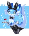 alcohol beverage blue_body bunny_costume cheek_tuft chillet clothing container costume cup cute_fangs dragon drinking_glass facial_tuft fake_ears fake_rabbit_ears glass glass_container glass_cup green_eyes hi_res legwear multicolored_body murasakigezi pal_(species) palworld plate simple_background stockings tuft wine wine_glass