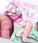  absurdres alice_(nikke) box goddess_of_victory:_nikke highres holding holding_paintbrush milestone_celebration paint paintbrush pink_eyes pink_hair socks spot_color thank_you zxxk 