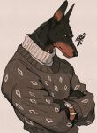  1boy absurdres animal_ears artist_name black_eyes black_fur body_fur brown_background brown_fur brown_sweater closed_mouth crossed_arms diamond_print doberman dog_boy dog_ears dog_tags furry furry_male highres jewelry long_sleeves looking_to_the_side male_focus necklace original sanpaku short_eyebrows signature simple_background solo sweater tomochiso turtleneck turtleneck_sweater upper_body watch wristwatch 