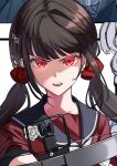  1girl :d black_sailor_collar blunt_bangs brown_hair crossbow danganronpa_(series) danganronpa_v3:_killing_harmony hair_ornament hair_scrunchie hairclip harukawa_maki highres holding holding_crossbow holding_weapon kusatakesi long_hair mole mole_under_eye red_eyes red_scrunchie red_shirt sailor_collar scrunchie shirt smile solo_focus teeth upper_teeth_only weapon 