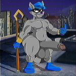 anthro balls big_balls big_butt big_feet big_penis butt clothing feet genitals hat headgear headwear hi_res holding_object huge_butt huge_penis humanoid male mammal penis possbooty procyonid raccoon rooftop slightly_chubby slightly_muscular sly_cooper sly_cooper_(series) solo sony_corporation sony_interactive_entertainment staff sucker_punch_productions thick_thighs