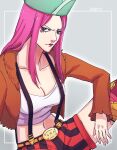  1girl belt commentary_request crop_top feichangkou fur_jacket hat highres jacket jewelry_bonney looking_at_viewer one_piece orange_belt pink_hair purple_background purple_hair rectangle shorts simple_background solo thighhighs 