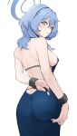  1girl ako_(blue_archive) ako_(dress)_(blue_archive) ass backless_dress backless_outfit bare_arms bare_shoulders blue_archive blue_dress blue_eyes blue_hair blue_halo blush breasts commentary dress from_behind ginggi hair_between_eyes halo highres large_breasts looking_at_viewer looking_back official_alternate_costume parted_lips simple_background solo white_background 