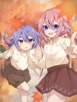  2others autumn autumn_leaves blue_eyes blue_hair bow braid collared_shirt hair_bow highres leaf long_hair long_sleeves maple_leaf meika_hime meika_mikoto multicolored_hair multiple_others open_mouth outdoors pink_eyes pink_hair pointing rageno0000 shirt shirt_tucked_in shorts skirt smile standing standing_on_one_leg streaked_hair thick_eyebrows twin_braids vocaloid 
