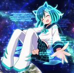  1girl blue_hair blue_ribbon blue_sailor_collar blurry blush_stickers bob_cut bokeh boots closed_eyes commentary_request depth_of_field earth_(planet) facing_viewer fake_text floating floating_hair full_body glowing glowing_hair grid_print hair_horns head_tilt highres hologram knees_up letter_hair_ornament long_sleeves midriff_peek navel neck_ribbon pigeon-toed planet pleated_skirt print_skirt rain_(zakuzaku_actors) ribbon sailor_collar scanlines shirt skirt sky smile solo space star_(sky) starry_sky thigh_boots white_footwear white_shirt yukinagi zakuzaku_actors 