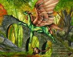  brown_feathers brown_hair claws day detailed_background dragon feathered_dragon feathered_wings feathers forest grass hair horn natoli outside smile solo traditional_media_(artwork) tree wings 