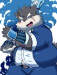  armor blush canine clothed clothing dog gauntlets gloves le_dave male mammal moritaka overweight scar simple_background smile solo tokyo_afterschool_summoners 