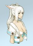  animal_ears aqua_eyes bikini blue_background breasts cleavage facial_mark final_fantasy final_fantasy_xiv front-tie_bikini front-tie_top hood hooded_jacket jacket long_hair medium_breasts miqo'te ponytail robo8 simple_background solo swimsuit upper_body white_hair 