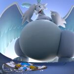3d_(artwork) ambiguous_gender anthro belly big_belly broken_glasses cave_story crater digital_media_(artwork) dragon duo feathered_wings feathers flattened fur furred_dragon hi_res lagomorph macro mammal mimiga pal_(species) palworld quivern scalie size_difference spiral_eyes tooeks tuft western_dragon white_body winged_dragon wings