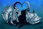  blue_background blue_eyes claws digital_media_(artwork) dragon duo feral horn lying membranous_wings natoli nude purple_eyes simple_background smile wings 