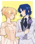  1boy 1girl athrun_zala blonde_hair blue_hair blush cagalli_yula_athha couple dress face-to-face formal gundam gundam_seed gundam_seed_freedom long_sleeves necktie short_hair smile suit taam tuxedo yellow_eyes 