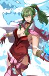  1girl absurdres breasts cape cleavage dragonstone dress fire_emblem fire_emblem_awakening gloves green_eyes green_hair hair_ornament hair_ribbon highres jewelry large_breasts long_hair looking_at_viewer michael_lavacca pink_cape pink_thighhighs pointy_ears ponytail red_dress red_gloves ribbon short_dress side_slit sideboob simple_background solo teeth thighhighs tiara tiki_(adult)_(fire_emblem) tiki_(fire_emblem) white_background 