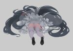  1girl absurdly_long_hair alternate_costume aris_(blue_archive) ass black_hair blue_archive frilled_skirt frills from_below grey_background highres leviathan_(hikinito0902) long_hair panties red_ribbon ribbon shoes simple_background skirt solo thighhighs thighs underwear very_long_hair white_panties white_skirt white_thighhighs 