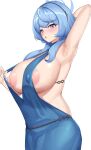  1girl absurdres ako_(blue_archive) ako_(dress)_(blue_archive) arm_up armpits backless_dress backless_outfit bare_shoulders blue_archive blue_dress blue_eyes blue_hair blush breasts clothes_pull dress dress_pull hair_between_eyes hairband halo highres huge_breasts looking_at_viewer medium_hair nipples open_mouth sharen sideboob solo 