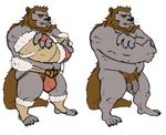  armor balls beard clothing crossed_arms ear_piercing facial_fur facial_hair fur grey_fur himegoto123 jockstrap male mammal manly muscular mustelid nude otter otter_tail penis piercing simple_background solo unconvincing_armor underwear yellow_eyes 