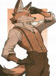  1boy absurdres animal_ear_fluff animal_ears arm_up body_fur brown_eyes brown_fur brown_gloves brown_pants brown_shirt brown_theme brown_vest closed_mouth collared_shirt commentary cowboy_shot fox_boy fox_ears fox_tail furry furry_male gloves hand_on_own_hip highres looking_to_the_side male_focus orange_background orange_fur original pants plaid plaid_vest shading_eyes shirt simple_background smile solo suspenders symbol-only_commentary tail tomochiso vest 
