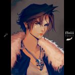  1boy absurdres black_jacket blue_eyes brown_hair chain_necklace character_name closed_mouth collarbone earrings final_fantasy final_fantasy_viii fumezu1 fur-trimmed_jacket fur_trim grey_background highres jacket jewelry looking_at_viewer male_focus necklace parted_bangs pillarboxed portrait scar scar_on_face scar_on_forehead short_hair single_earring solo squall_leonhart thick_eyebrows white_fur 