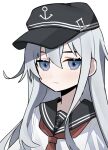  1girl anchor_symbol black_headwear black_sailor_collar blue_eyes blush cjsdh1000 closed_mouth expressionless flat_cap grey_hair hair_between_eyes hat hibiki_(kancolle) kantai_collection long_hair looking_at_viewer neckerchief red_neckerchief sailor_collar school_uniform serafuku simple_background solo upper_body white_background 