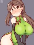  alternate_costume amagi_(kancolle) artist_logo breasts china_dress chinese_clothes dated dress elbow_gloves embarrassed gloves green_dress kanon_(kurogane_knights) kantai_collection large_breasts no_panties one-hour_drawing_challenge 